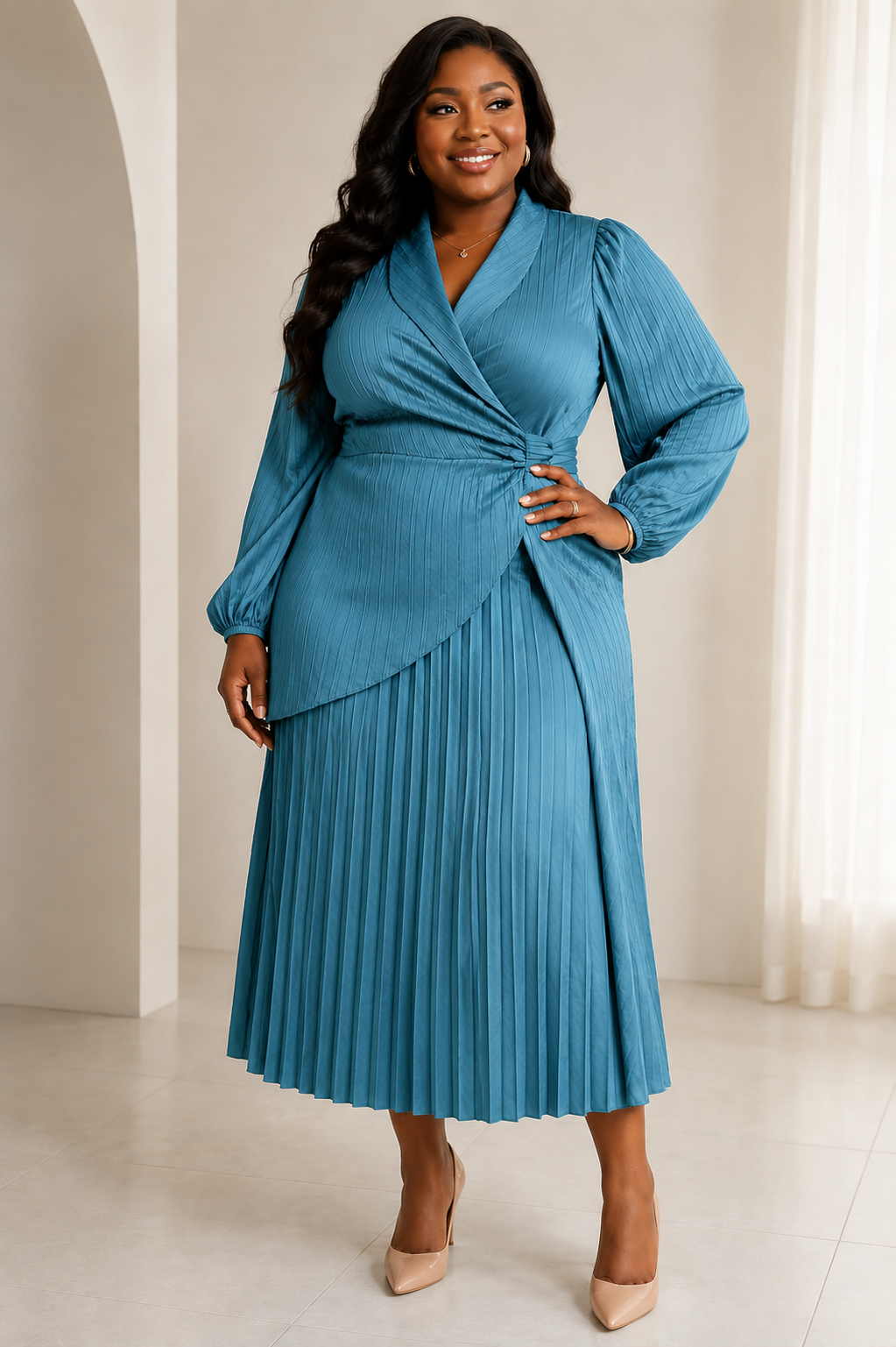 Elegant Teal Pleated Wrap Dress Size XL