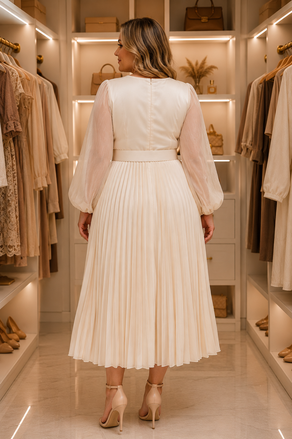 Elegant Ivory Pleated Midi Dress Size L