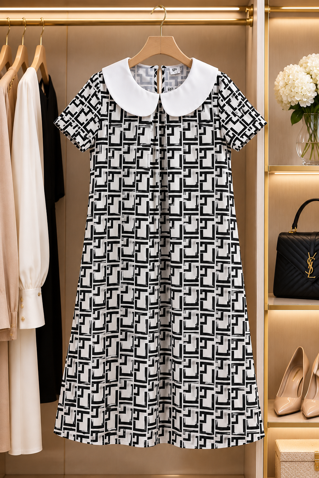 Classic Monochrome Print Midi Dress Size M