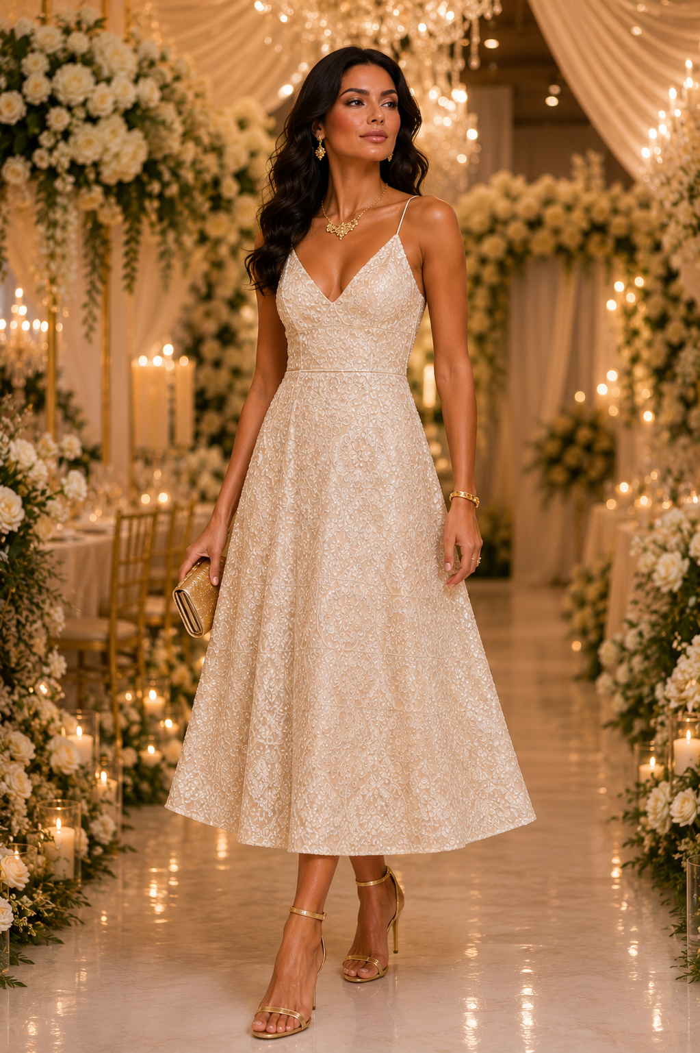 Elegant Heavy Sequin Midi Dress – Champagne Size S