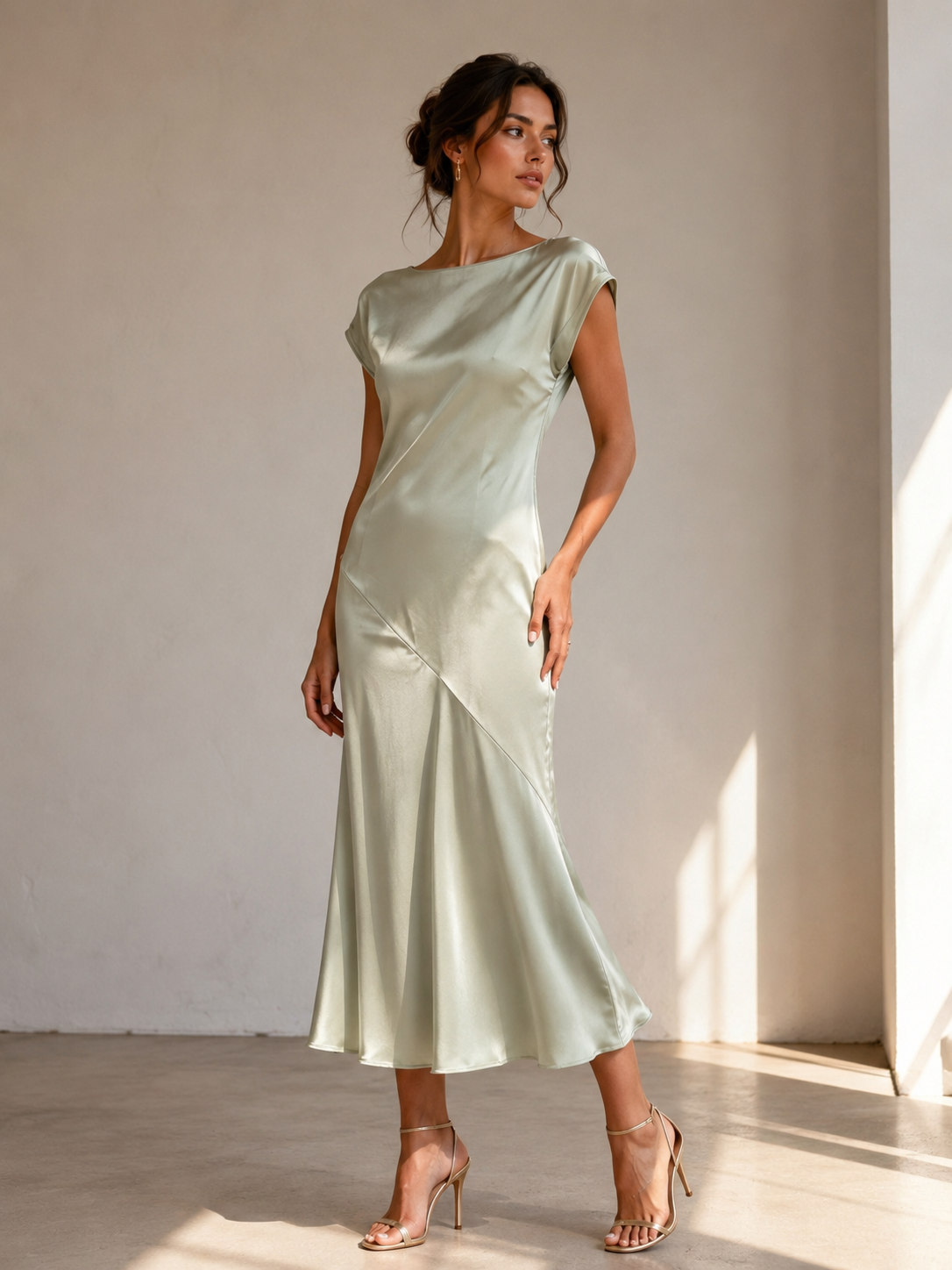 Elegant Satin Off-Shoulder Midi Dress size Mb
