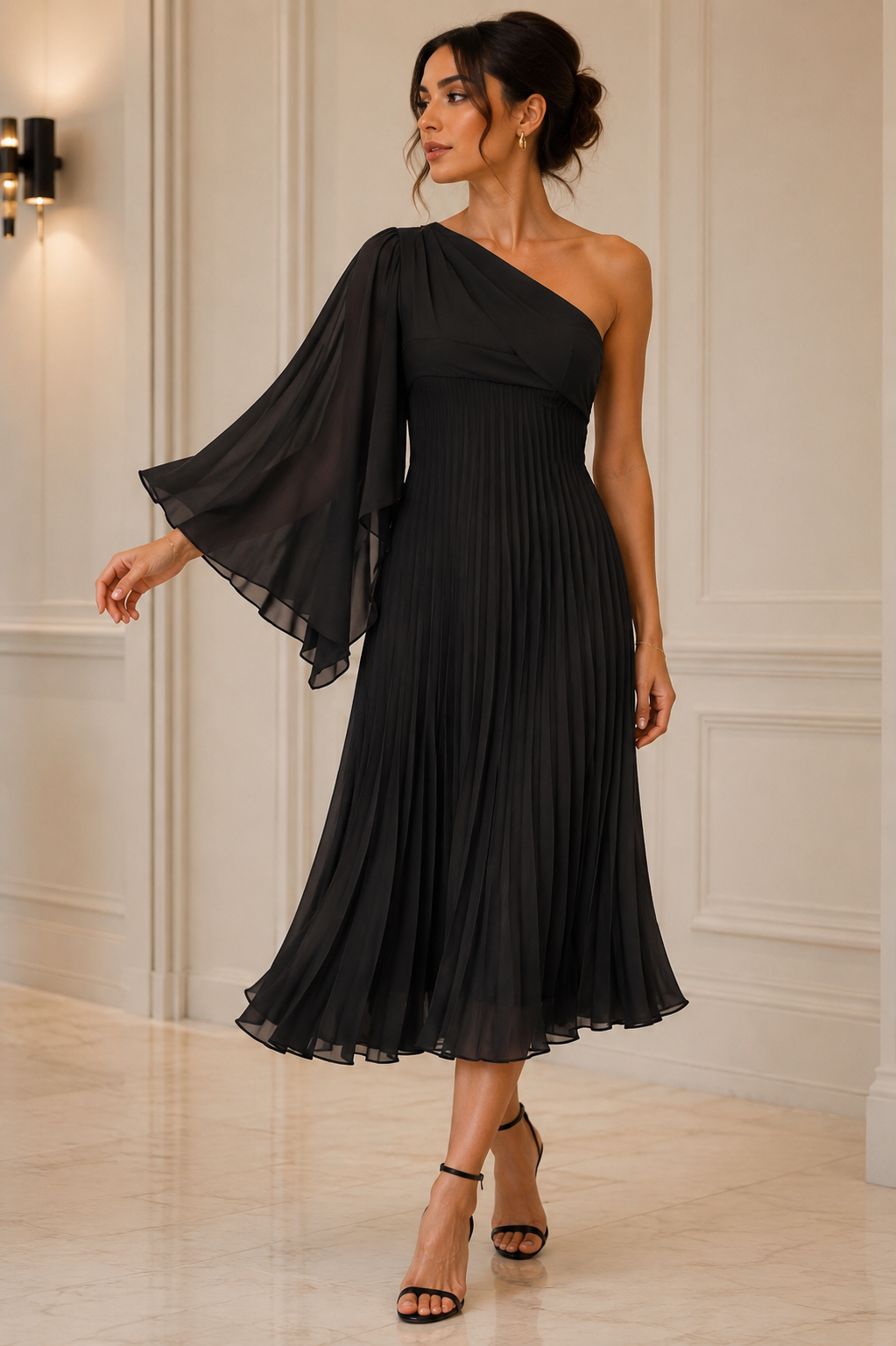 Elegant Black One-Shoulder Pleated Midi Dress Size L