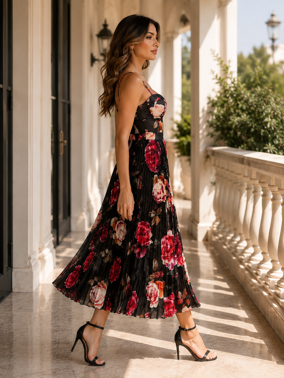 Black Floral Pleated Midi Dress – Elegant & Feminine Size M