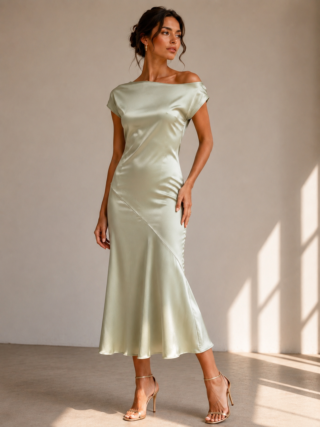 Elegant Satin Off-Shoulder Midi Dress size Mb
