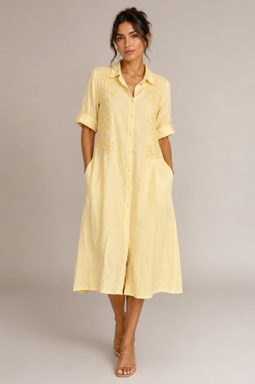 Elegant Lemon Yellow Embroidered Shirt Dress – Size M