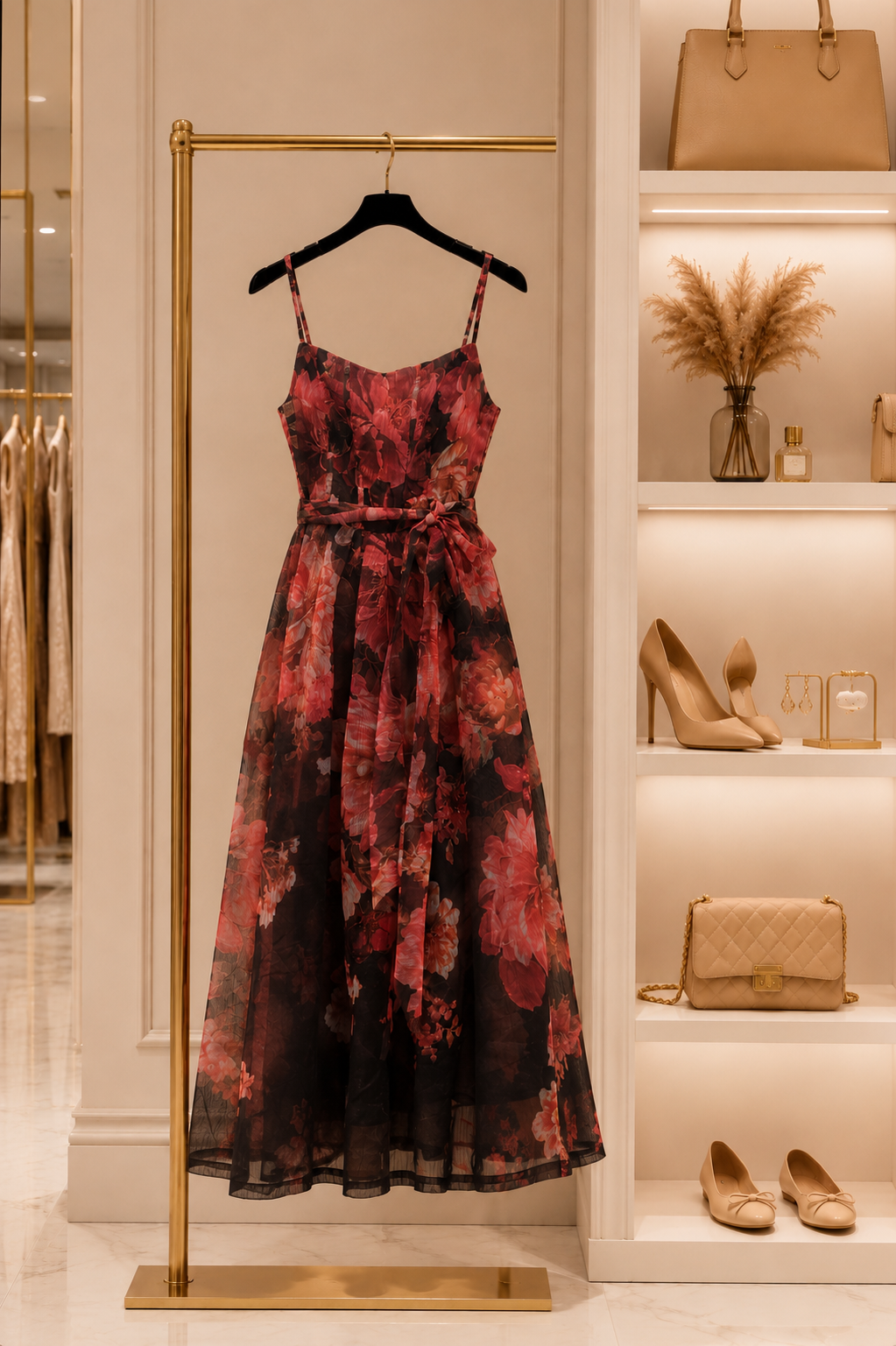 Elegant Floral Print Midi Dress Size XS