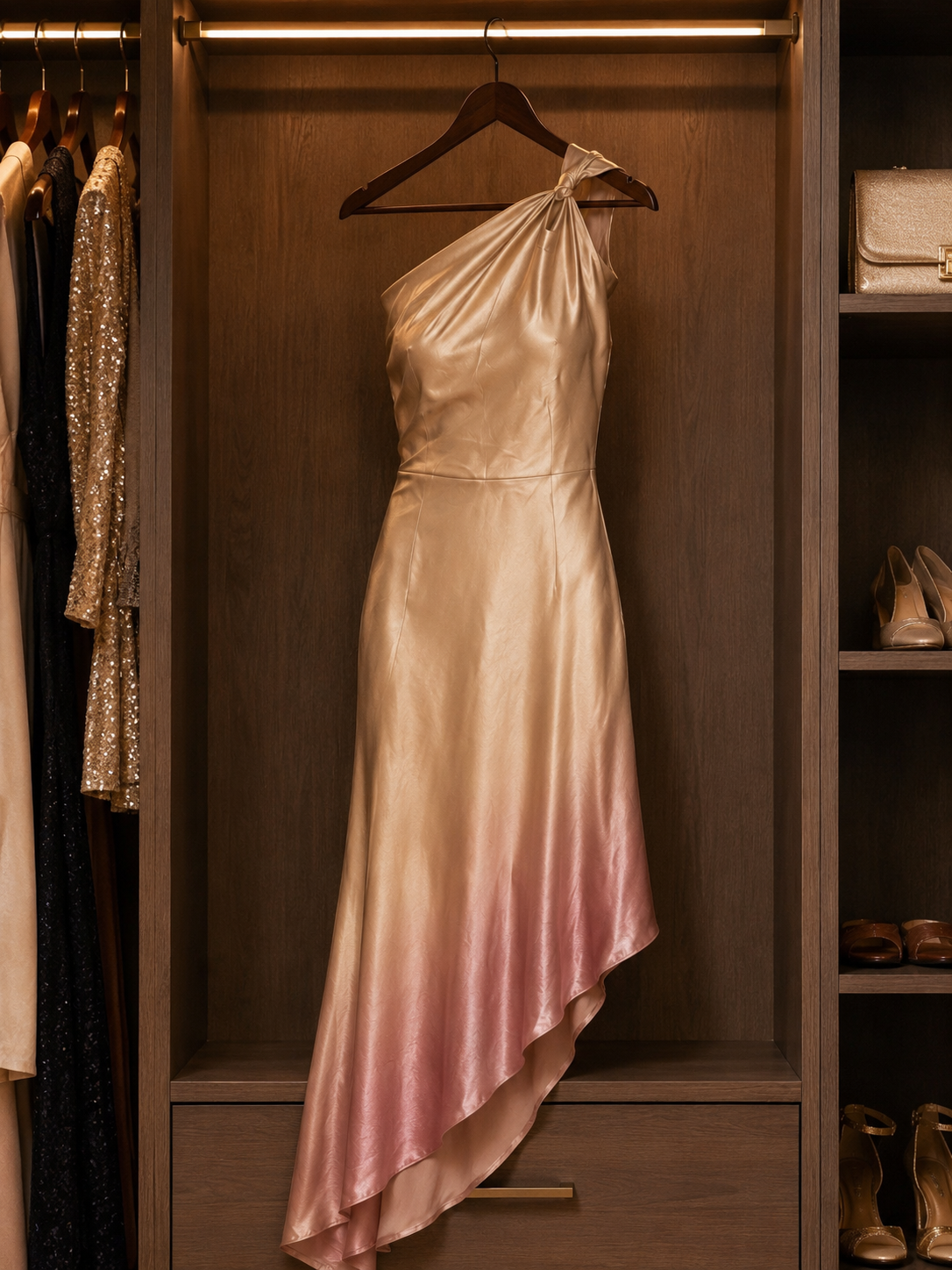 Elegant One-Shoulder Satin Midi Dress Size S