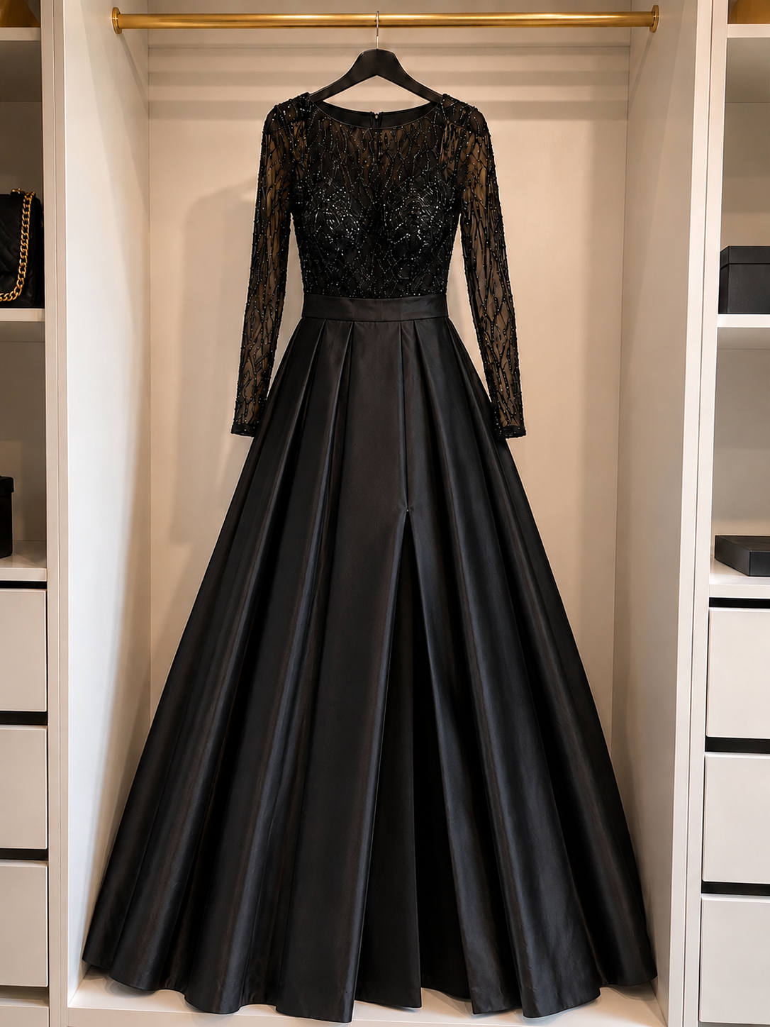 Elegant Black Ball Gown with Beaded Bodice Size M