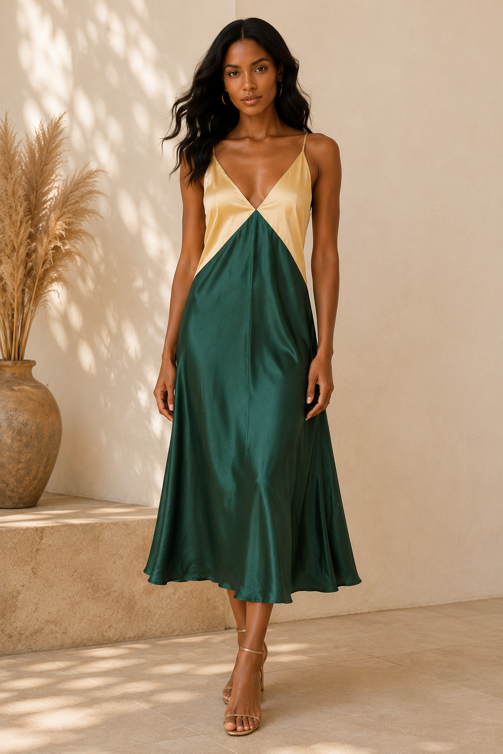 Elegant Satin Colorblock Maxi Dress Size M