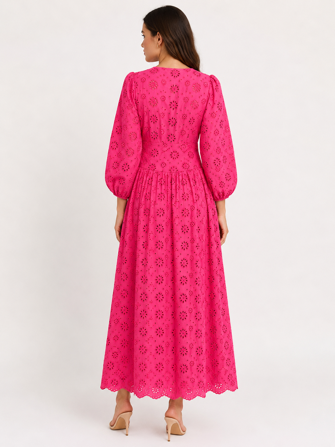 Elegant Fuchsia Broderie Midi Dress Size S