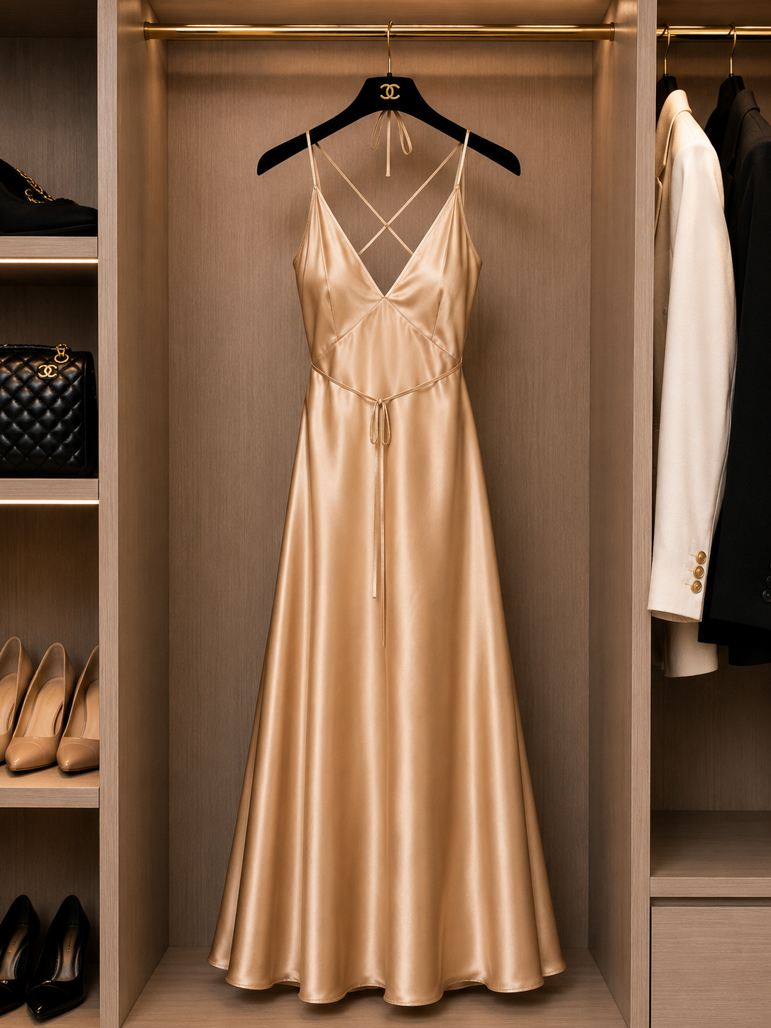 Champagne Satin Evening Gown – Elegant & Timeless Size S