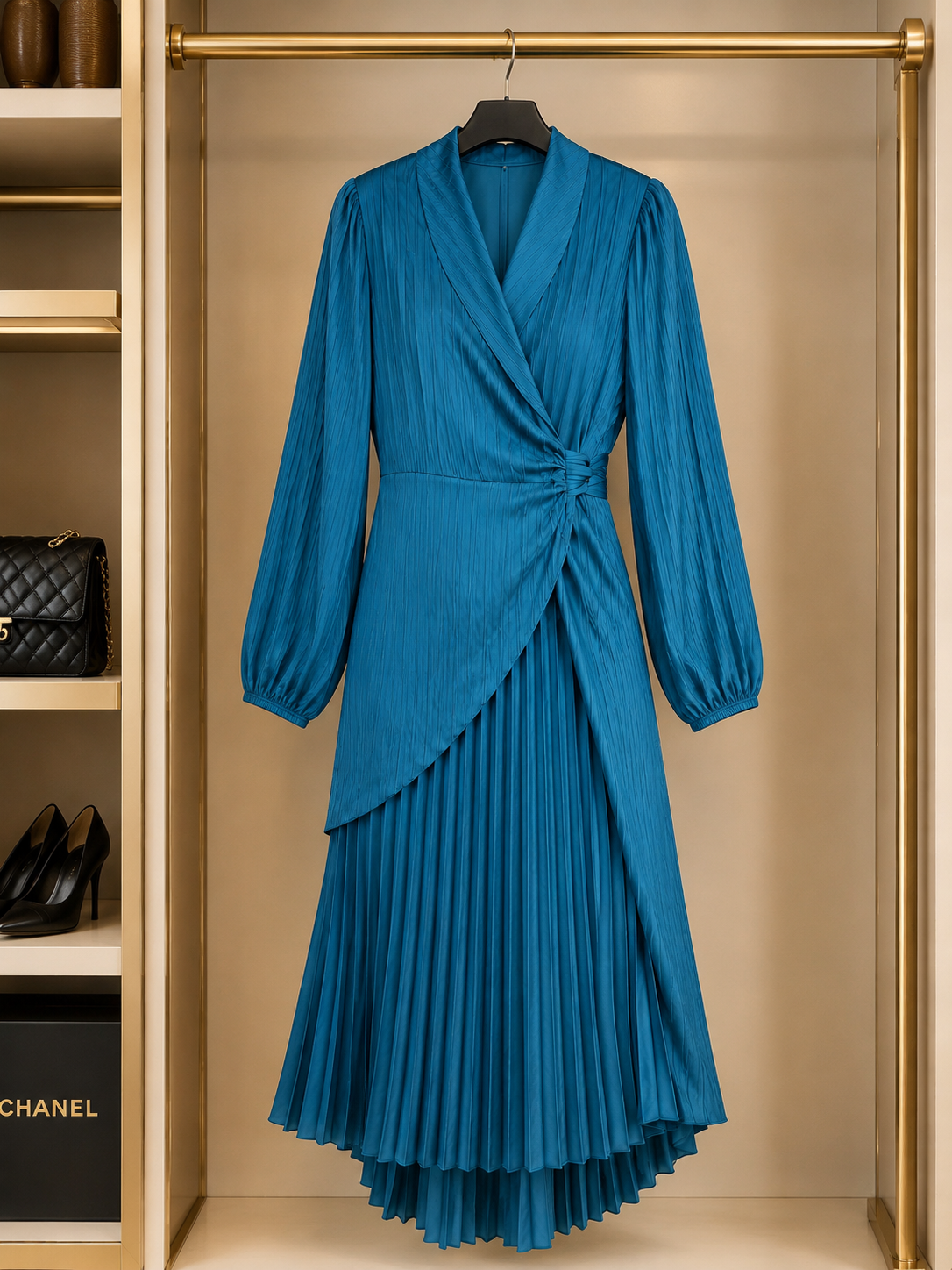 Elegant Teal Pleated Wrap Dress Size XL