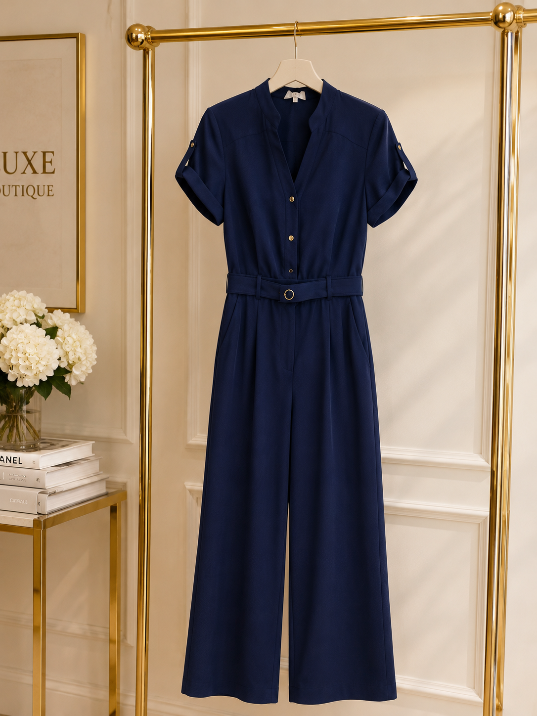 Elegant Navy Belted Jumpsuit Size S