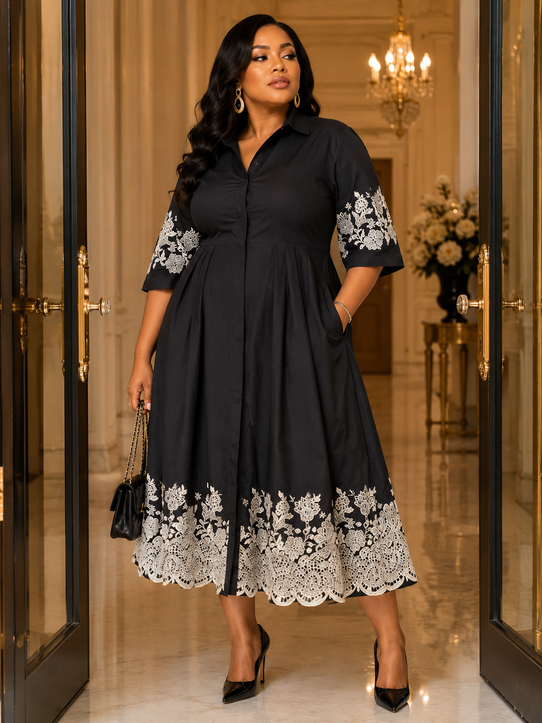 Elegant Black Embroidered Midi Dress – size S