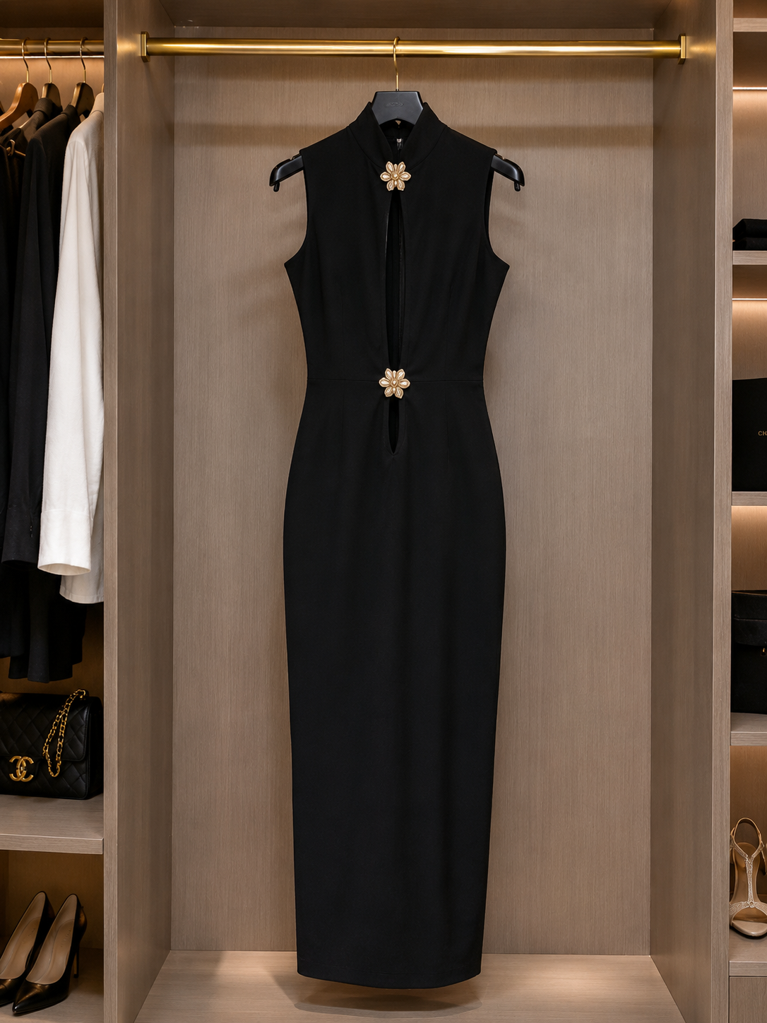 Elegant Black Statement Midi Dress Size M