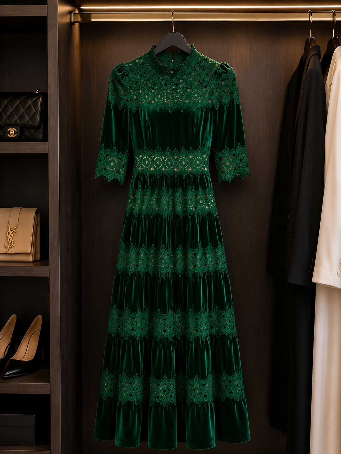 Emerald Green Velvet Lace Maxi Dress Size S