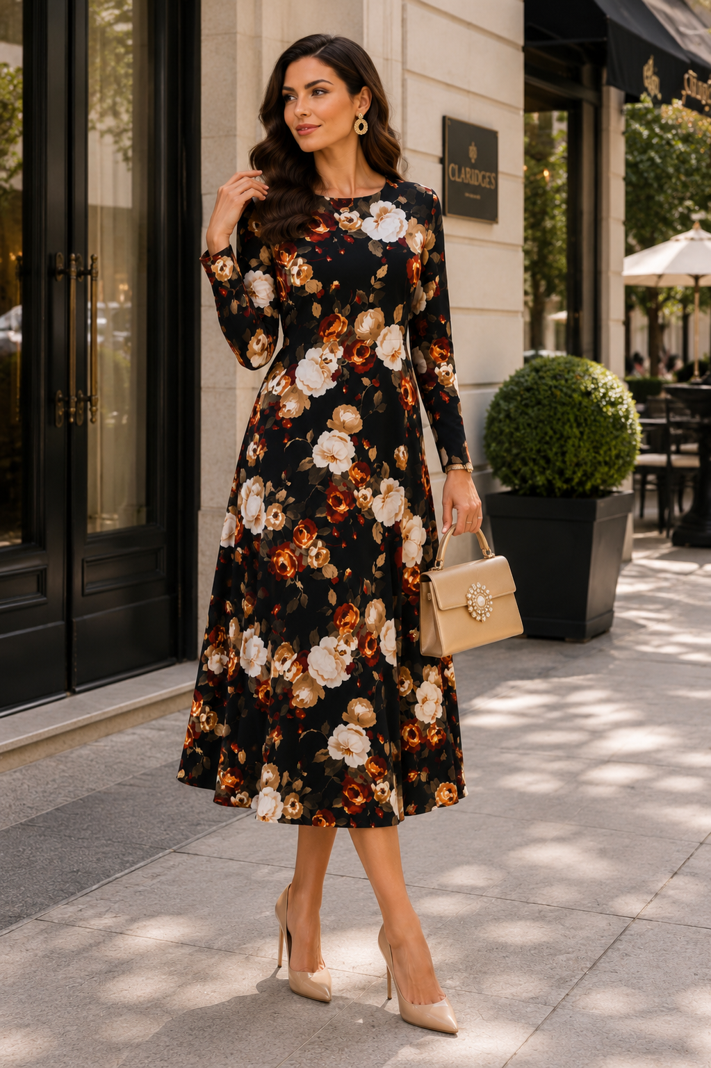 Elegant Black Floral Midi Dress Size M