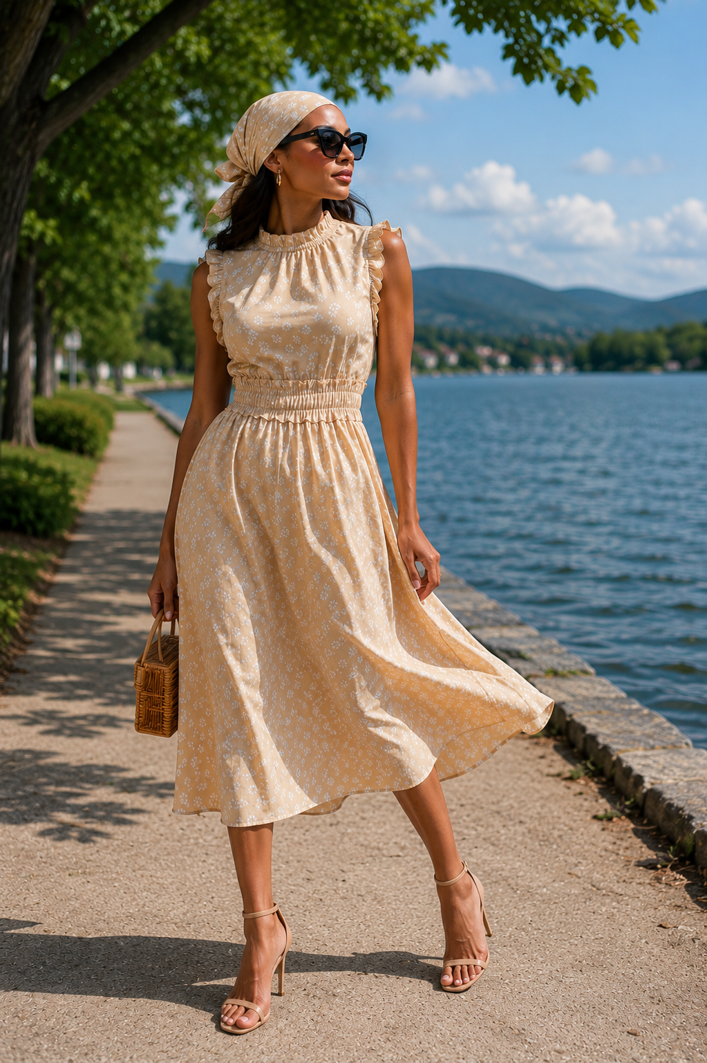 Elegant Beige Floral Midi Dress M