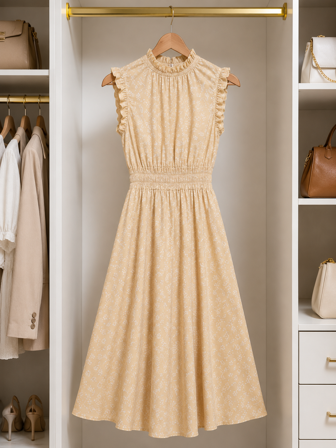 Elegant Beige Floral Midi Dress M