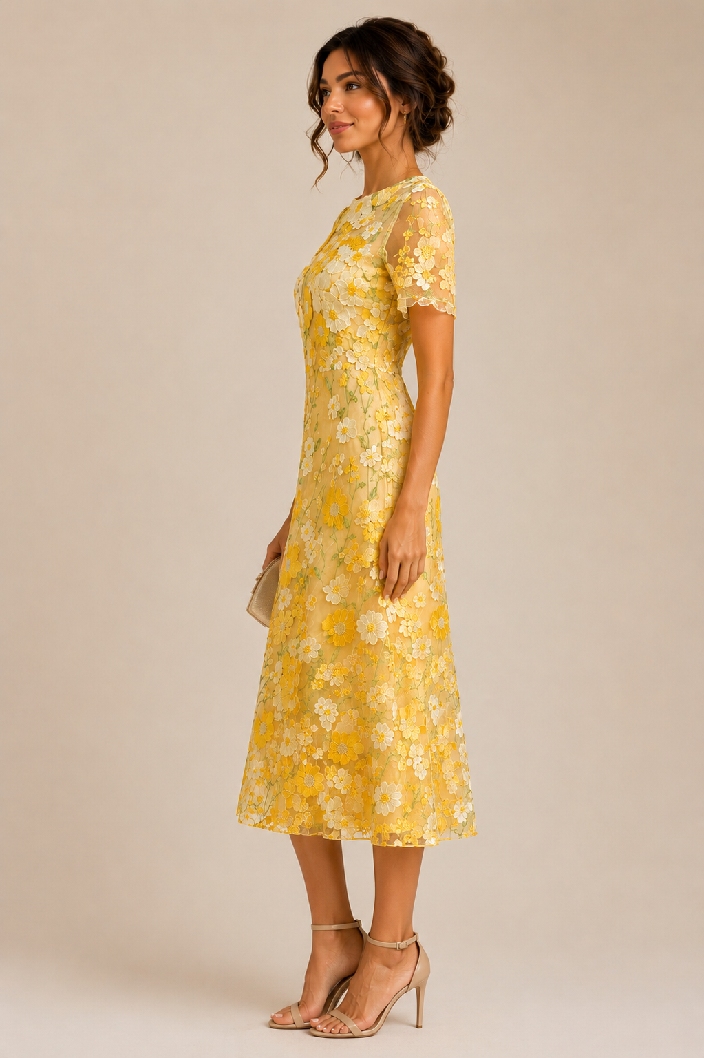 Elegant Floral Embroidered Midi Dress Size L