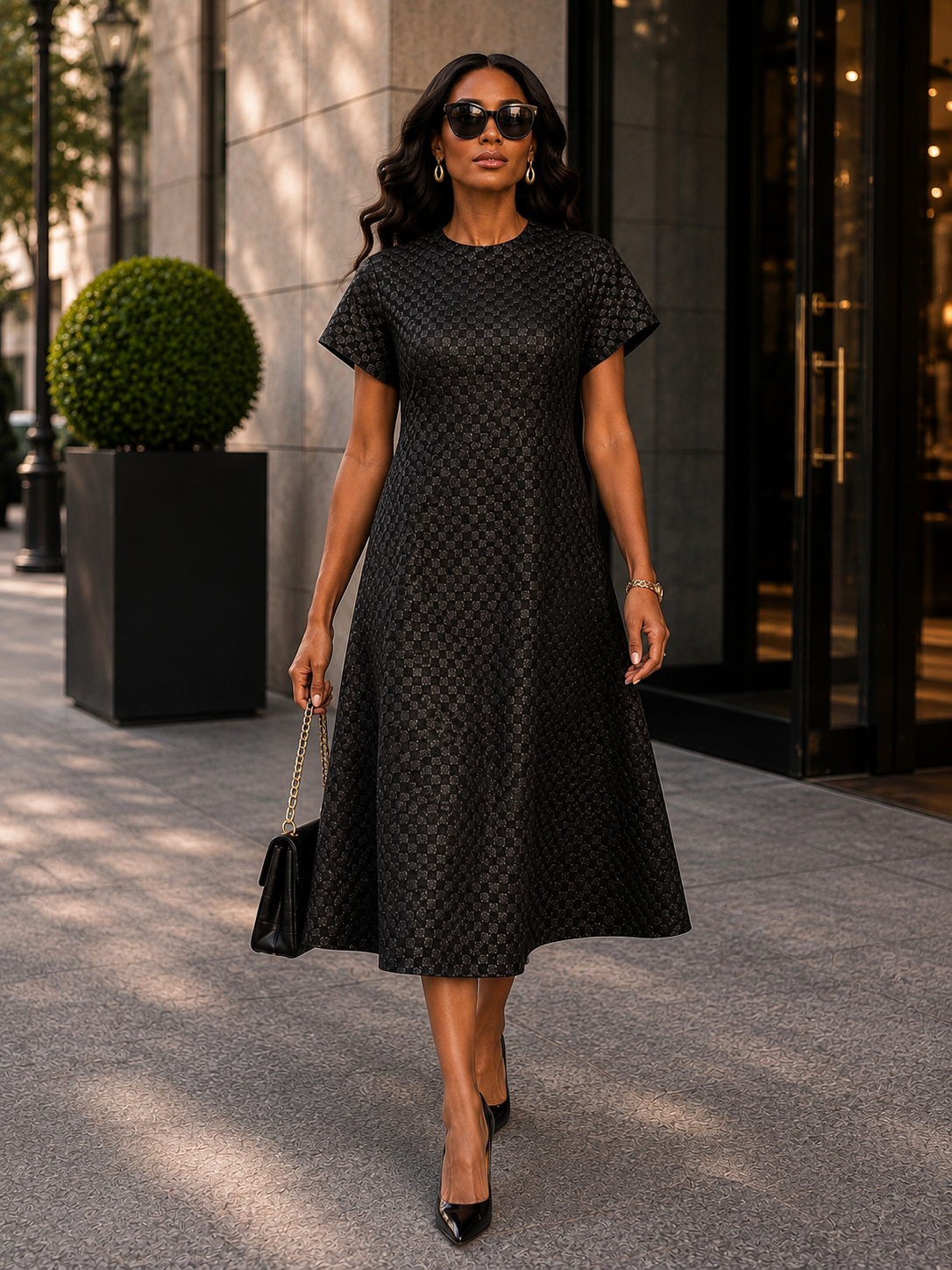 Elegant Textured Black Midi Dress Size L