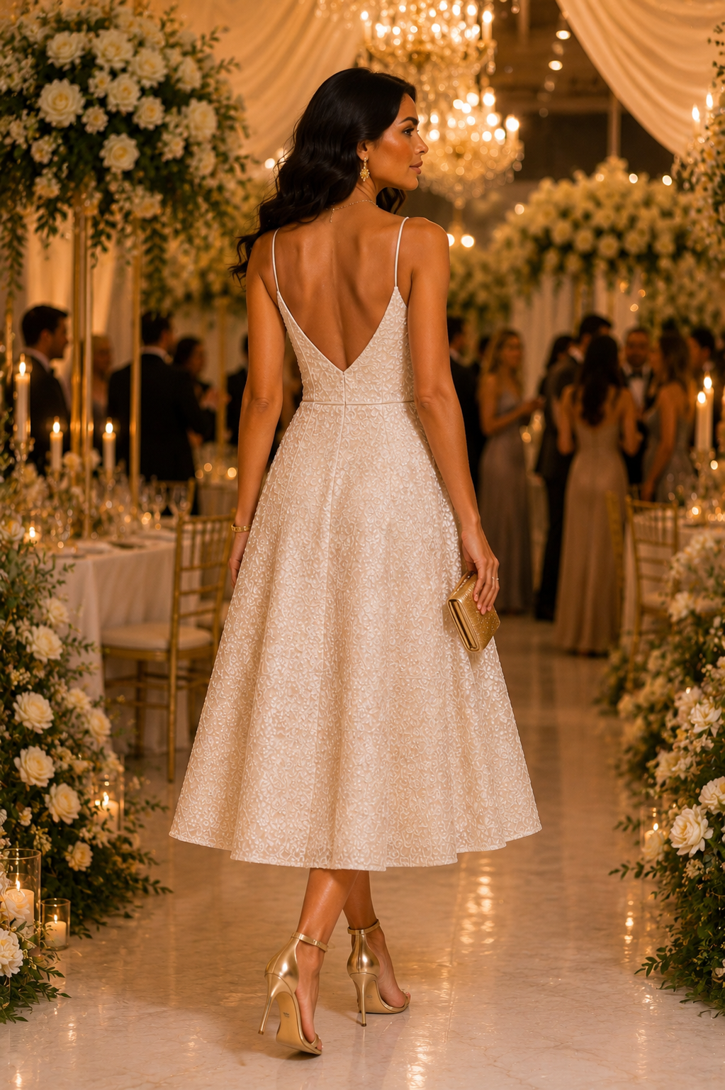 Elegant Heavy Sequin Midi Dress – Champagne Size S
