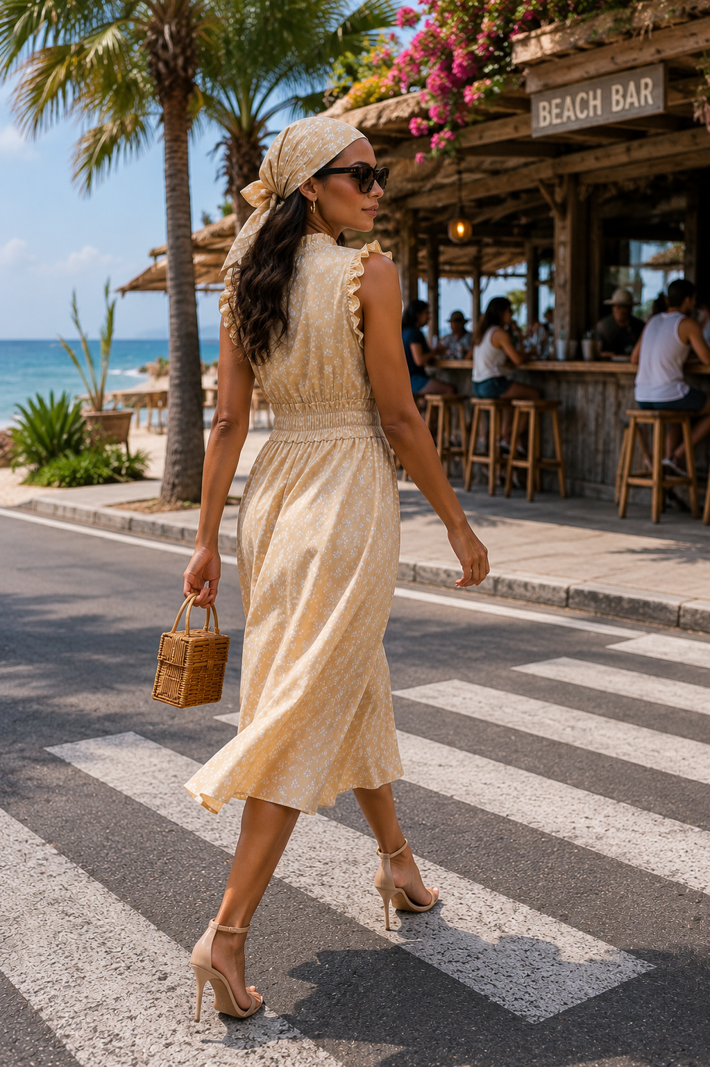 Elegant Beige Floral Midi Dress M
