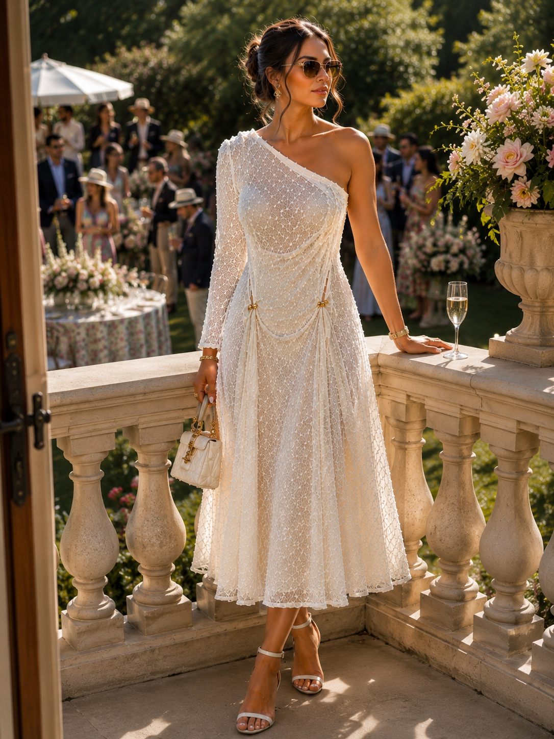 Elegant One-Shoulder Textured Midi Dress – M