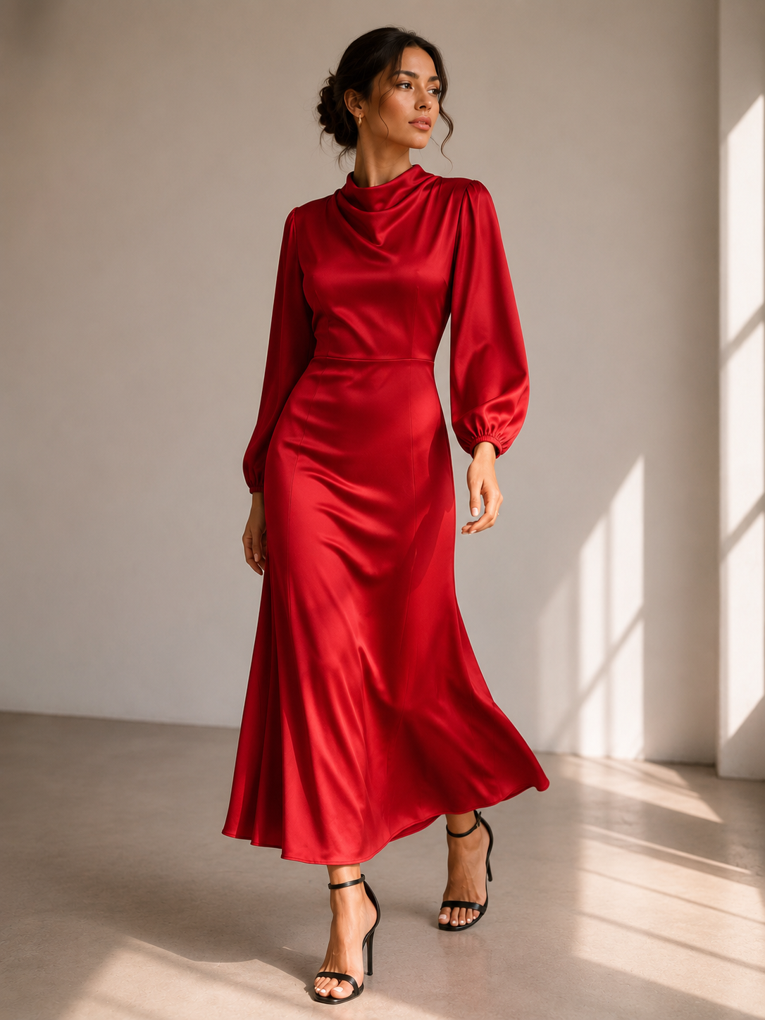 Elegant Ruby Red Satin Midi Dress – Timeless Sophistication Size XL