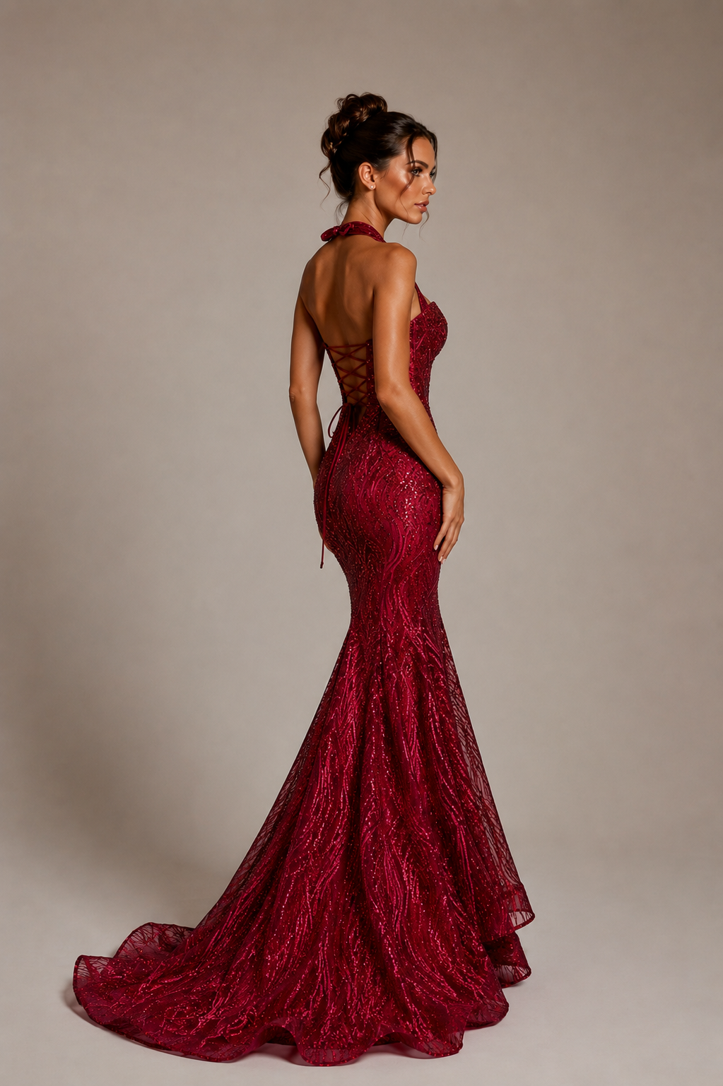Luxury Burgundy Sequin Mermaid Evening Gown Size M