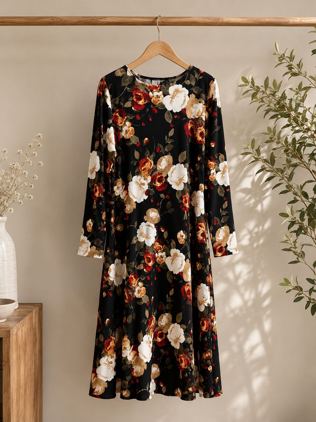 Elegant Black Floral Midi Dress Size M