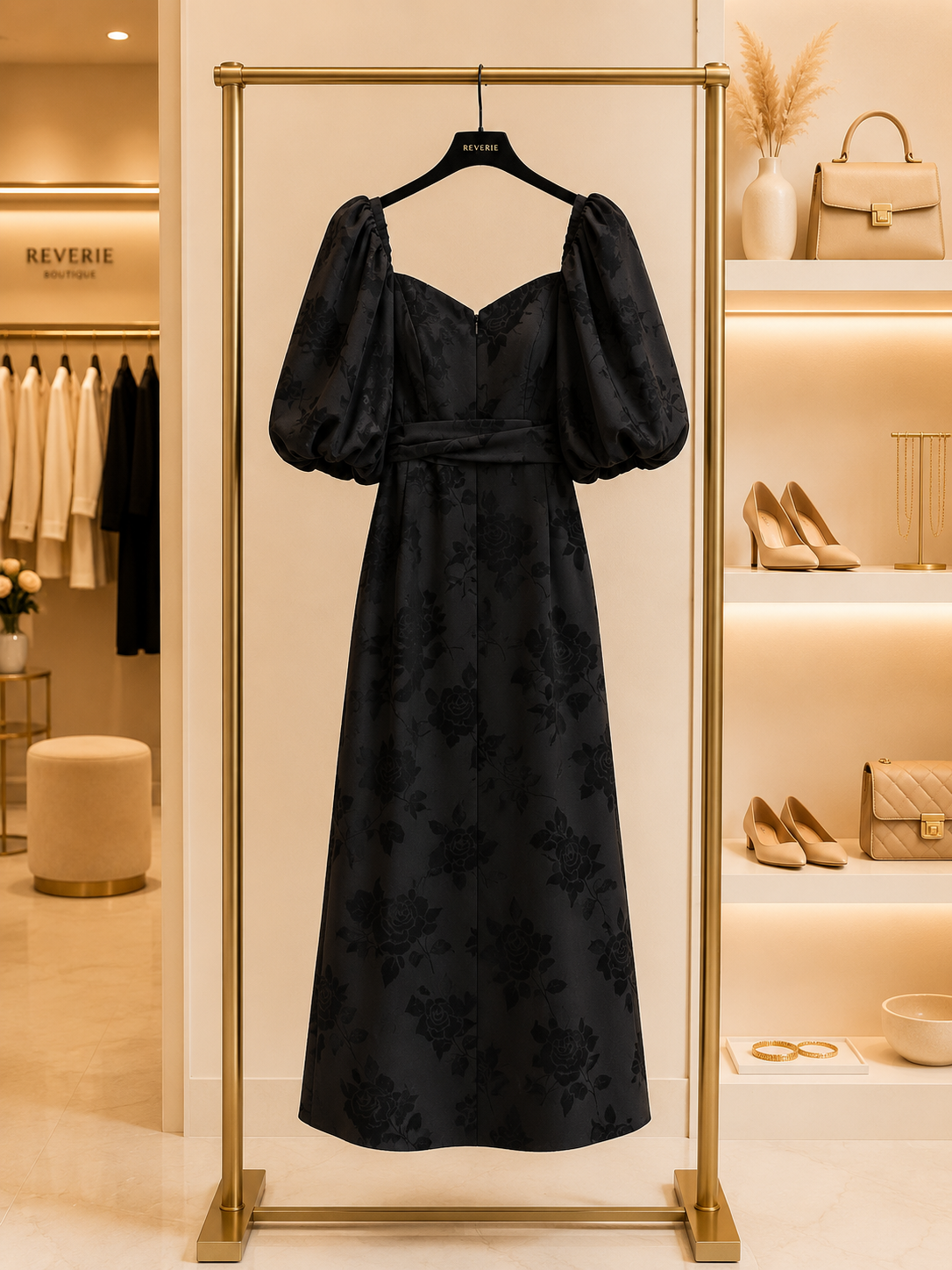 Black Puff Sleeve Satin Dress