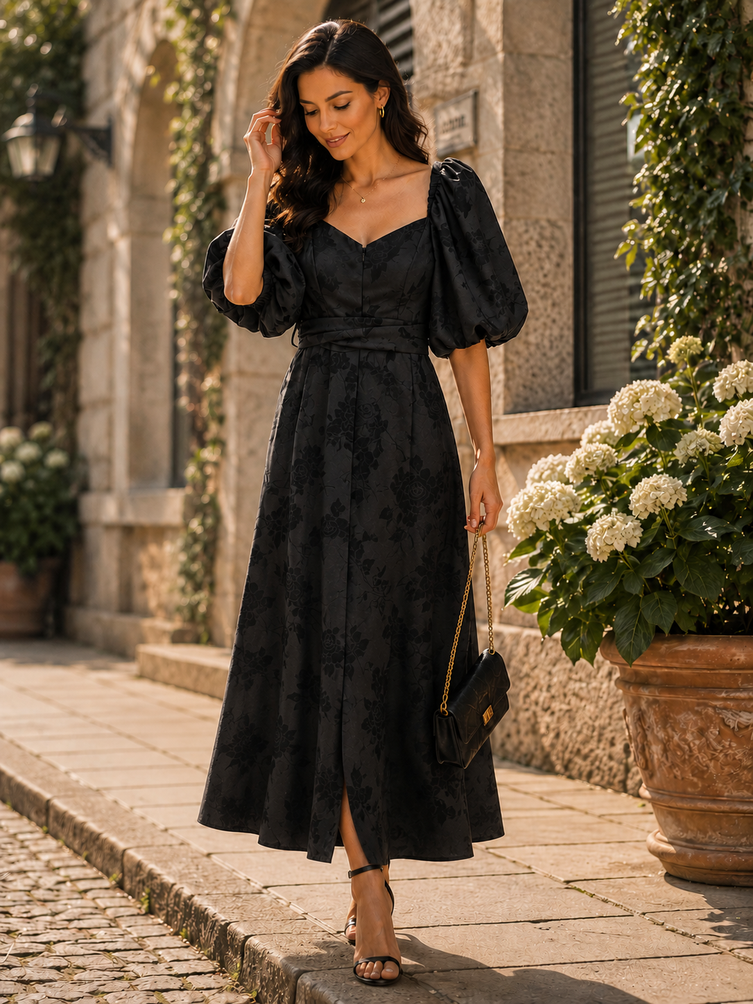 Black Puff Sleeve Satin Dress
