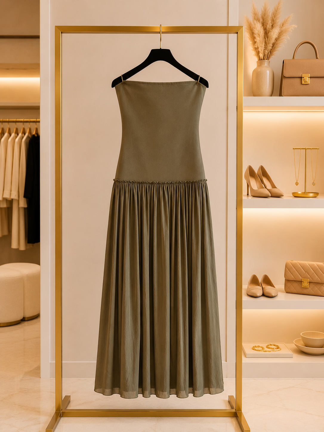 Olive green tube pleated maxi