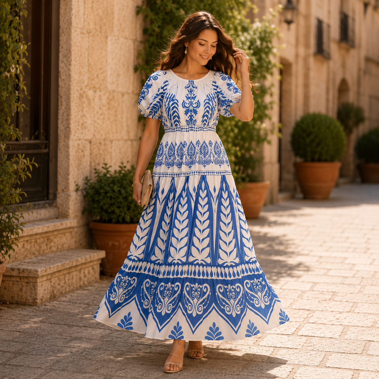 Blue & White Printed Midi Dress