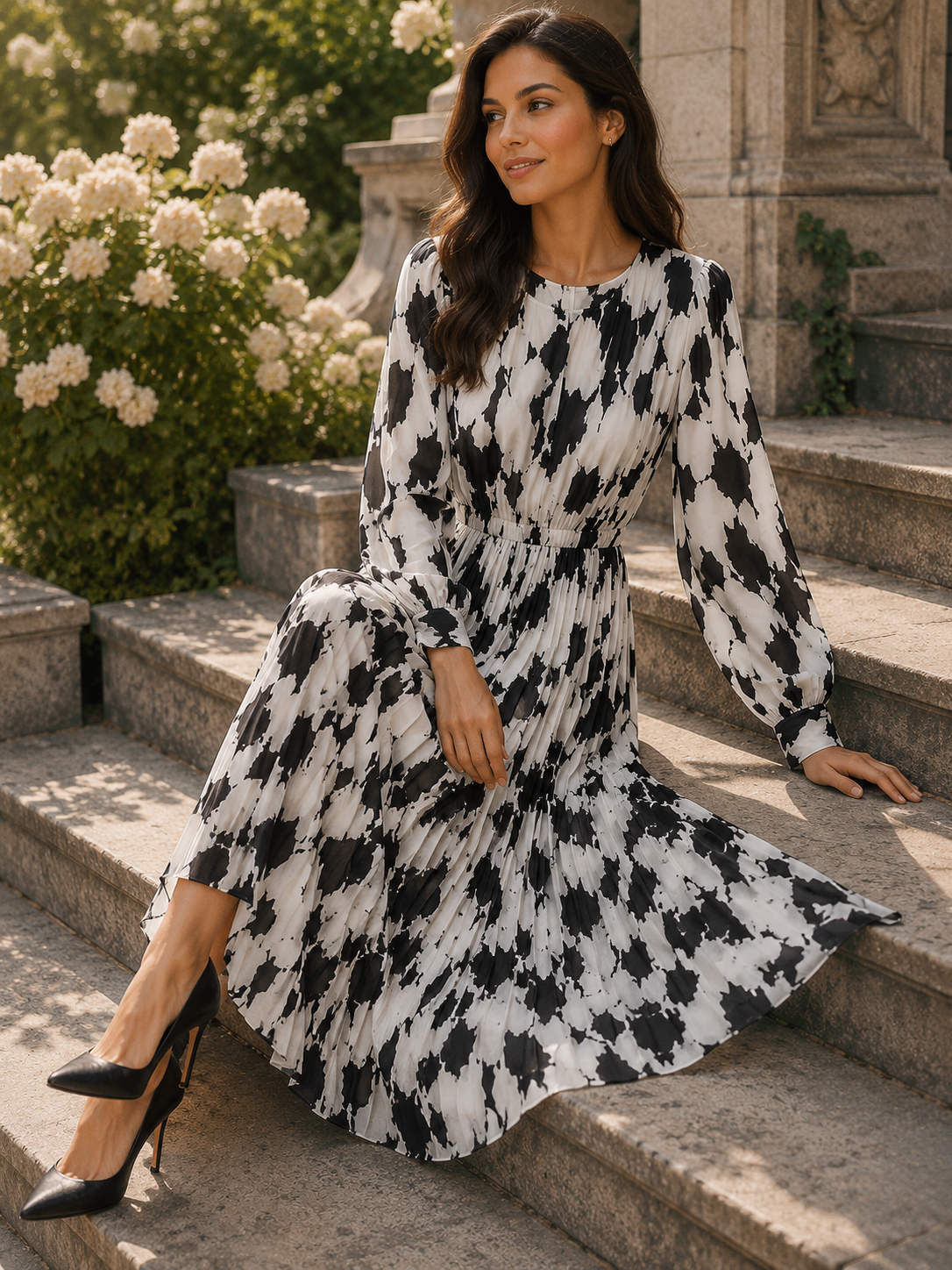Black &amp; white pleated dress