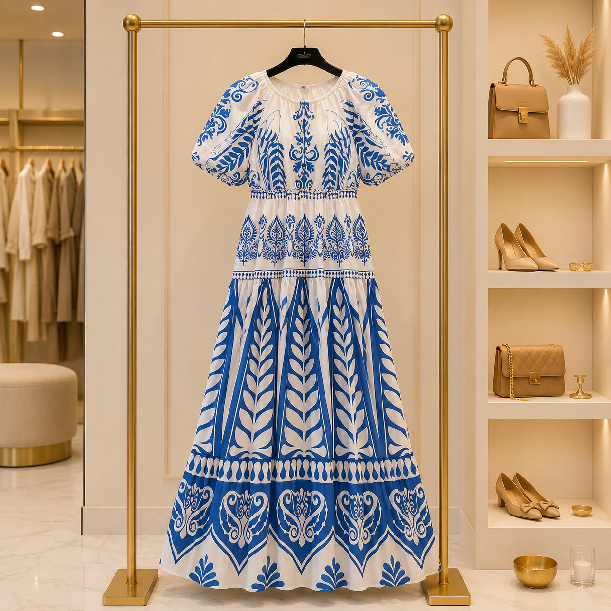 Blue & White Printed Midi Dress
