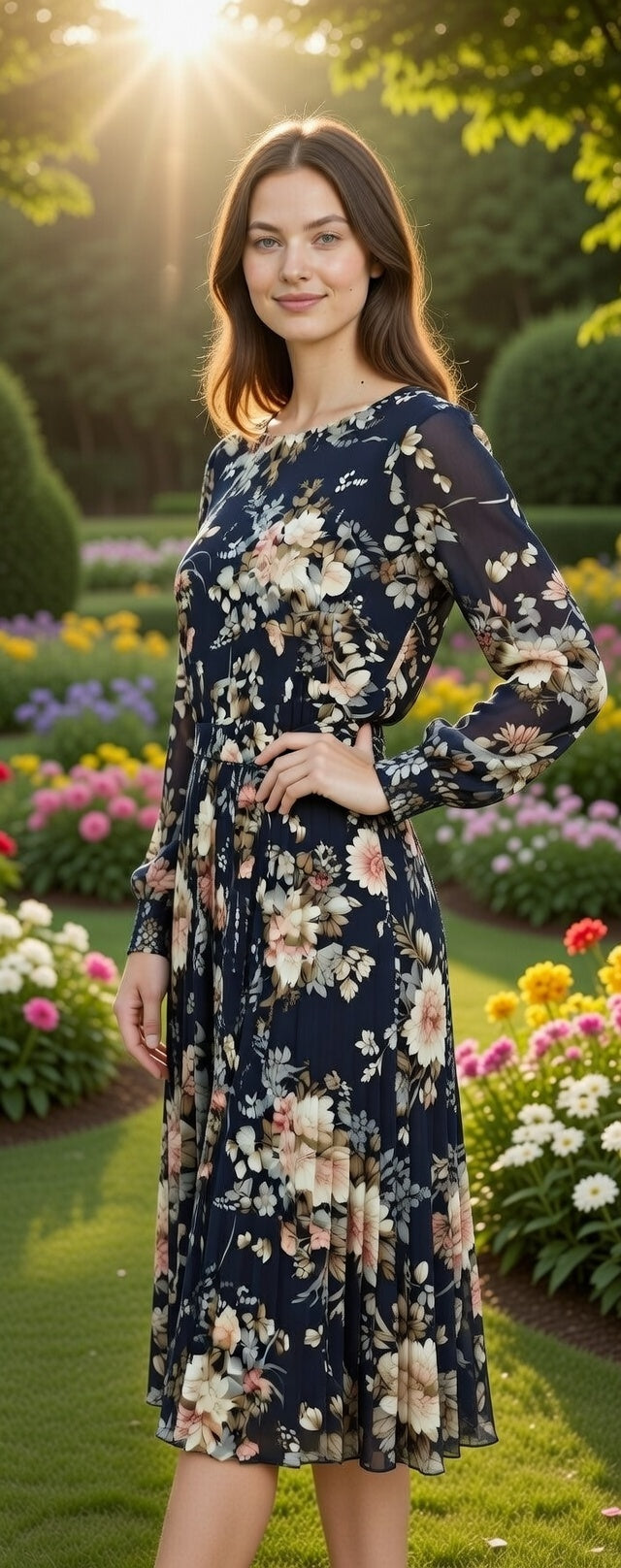 Navy Floral Pleated Midi Dress with Tie Waist