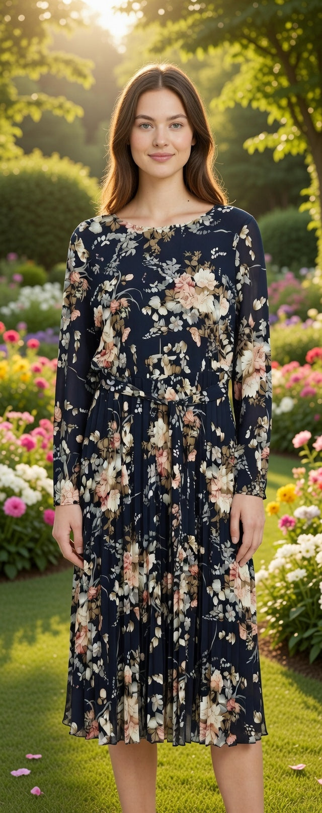 Navy Floral Pleated Midi Dress with Tie Waist