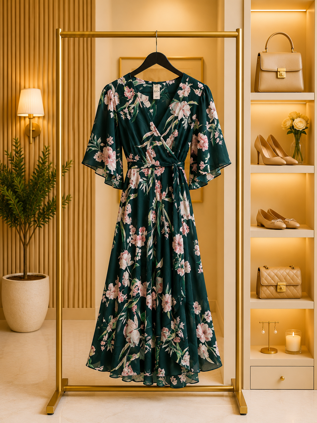 Green Floral Wrap Dress
