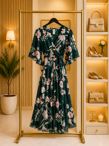 Green Floral Wrap Dress