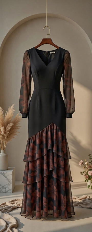 Black &amp; Rust Floral Contrast Midi Dress