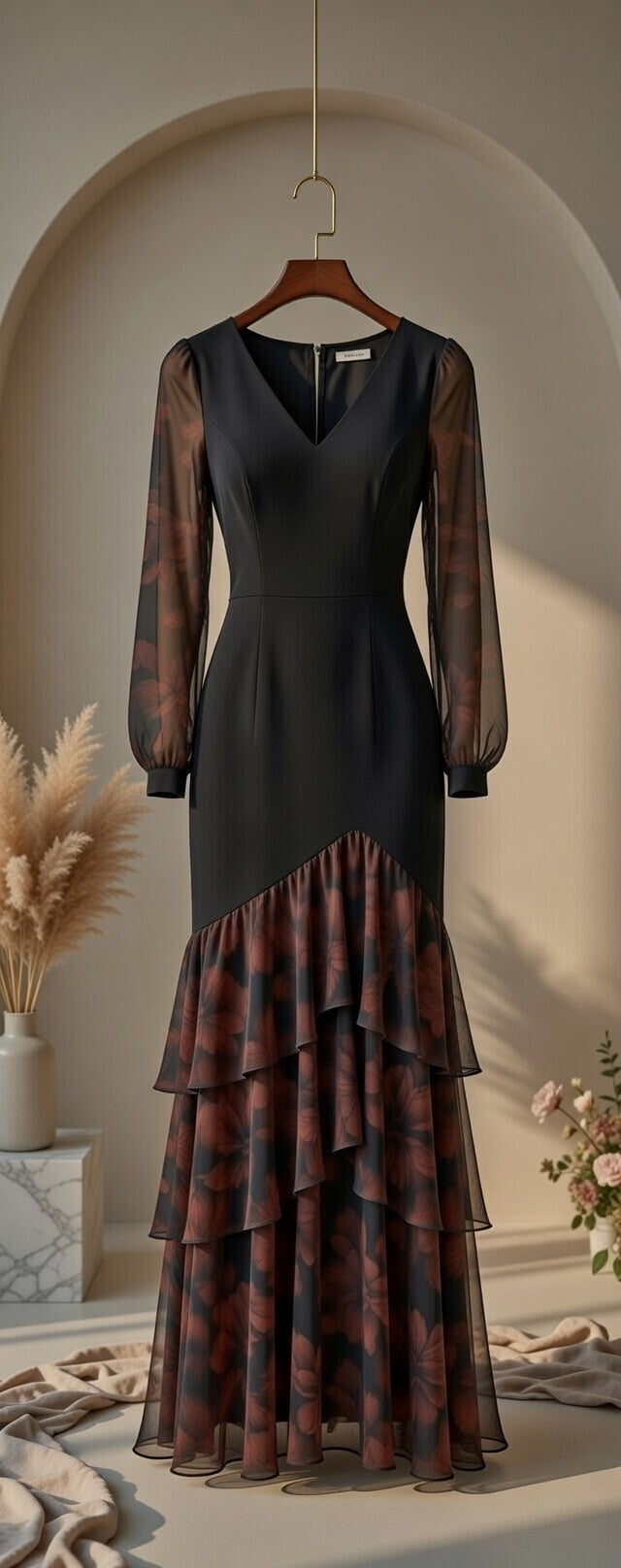 Black &amp; Rust Floral Contrast Midi Dress