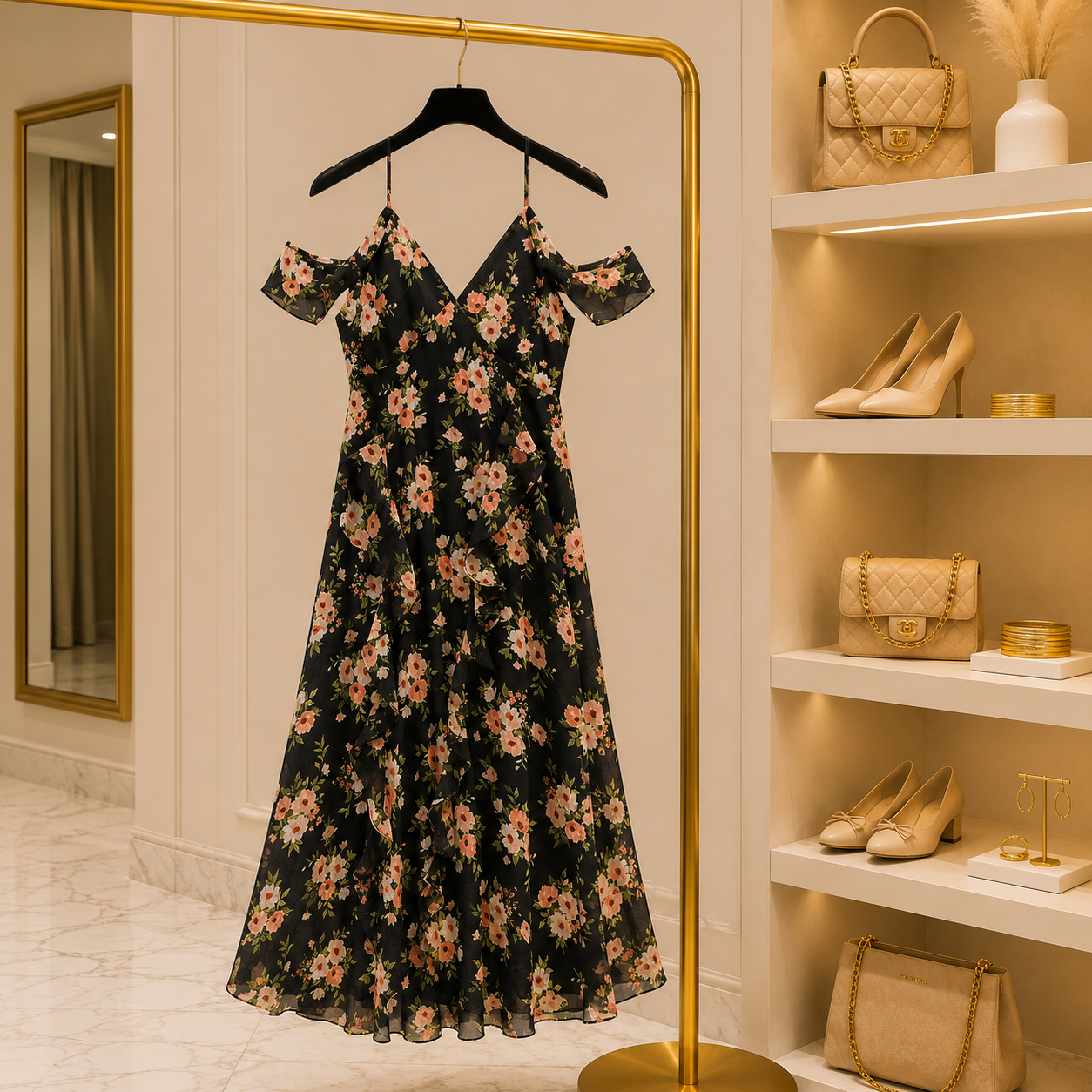 Black Floral Ruffle Dress