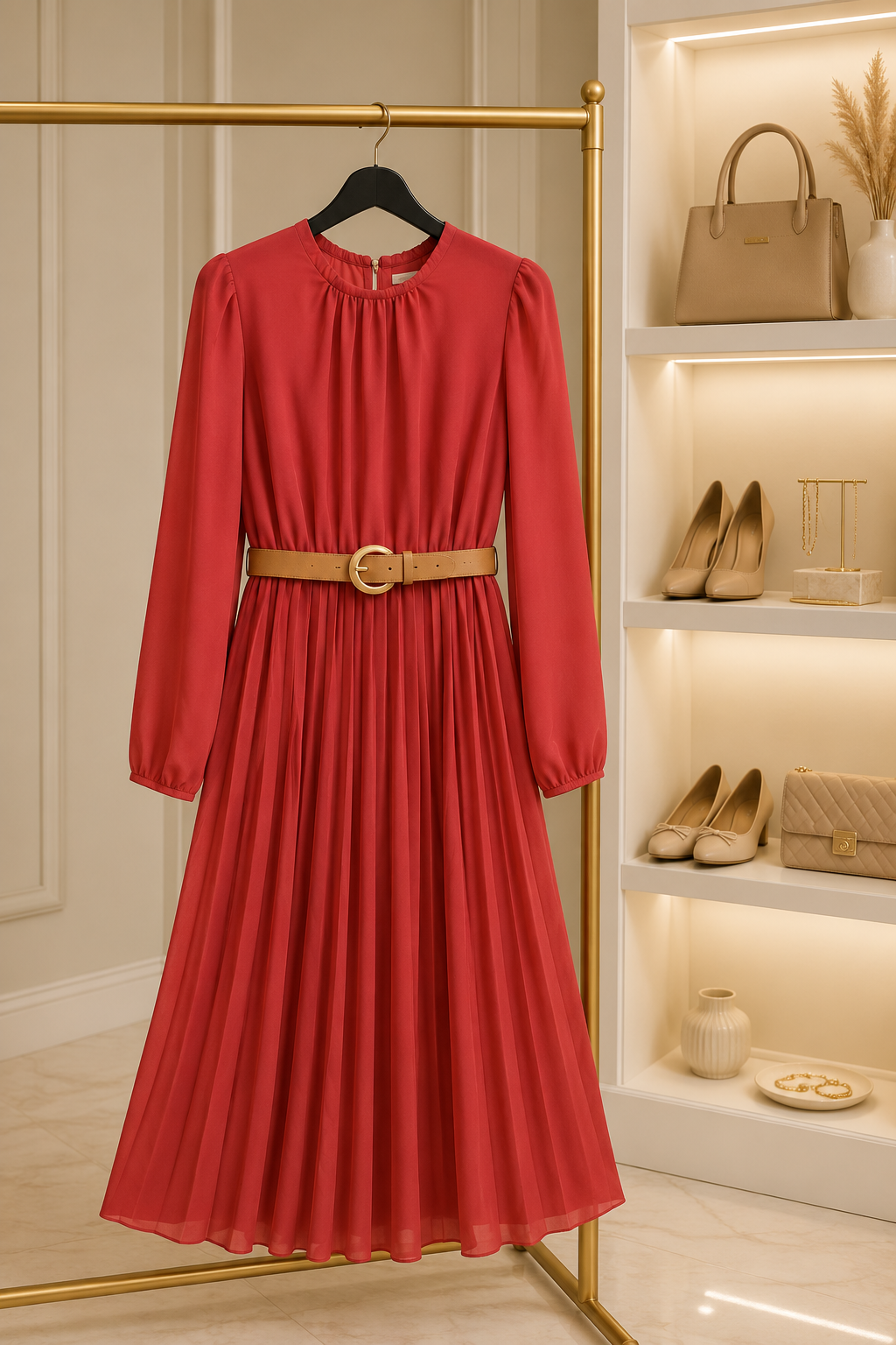Rust Pleated Midi Dress
