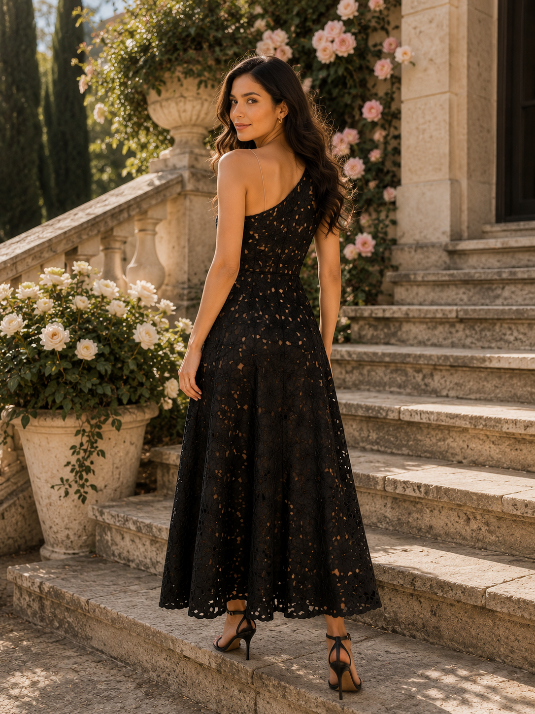 Black One-Shoulder Lace Dress