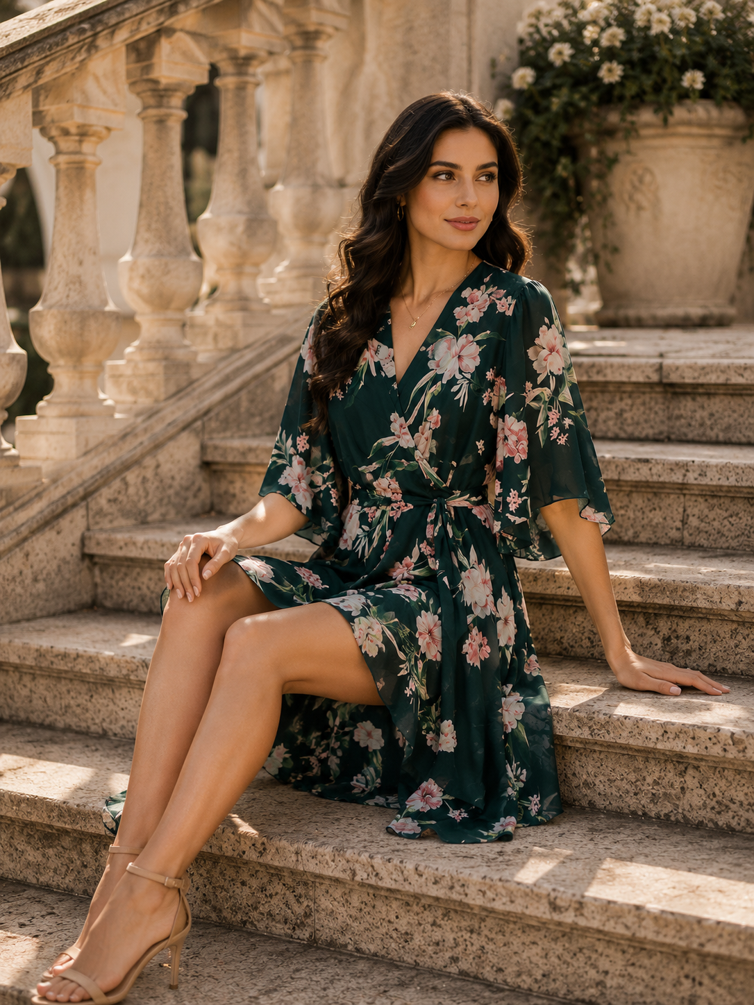 Green Floral Wrap Dress