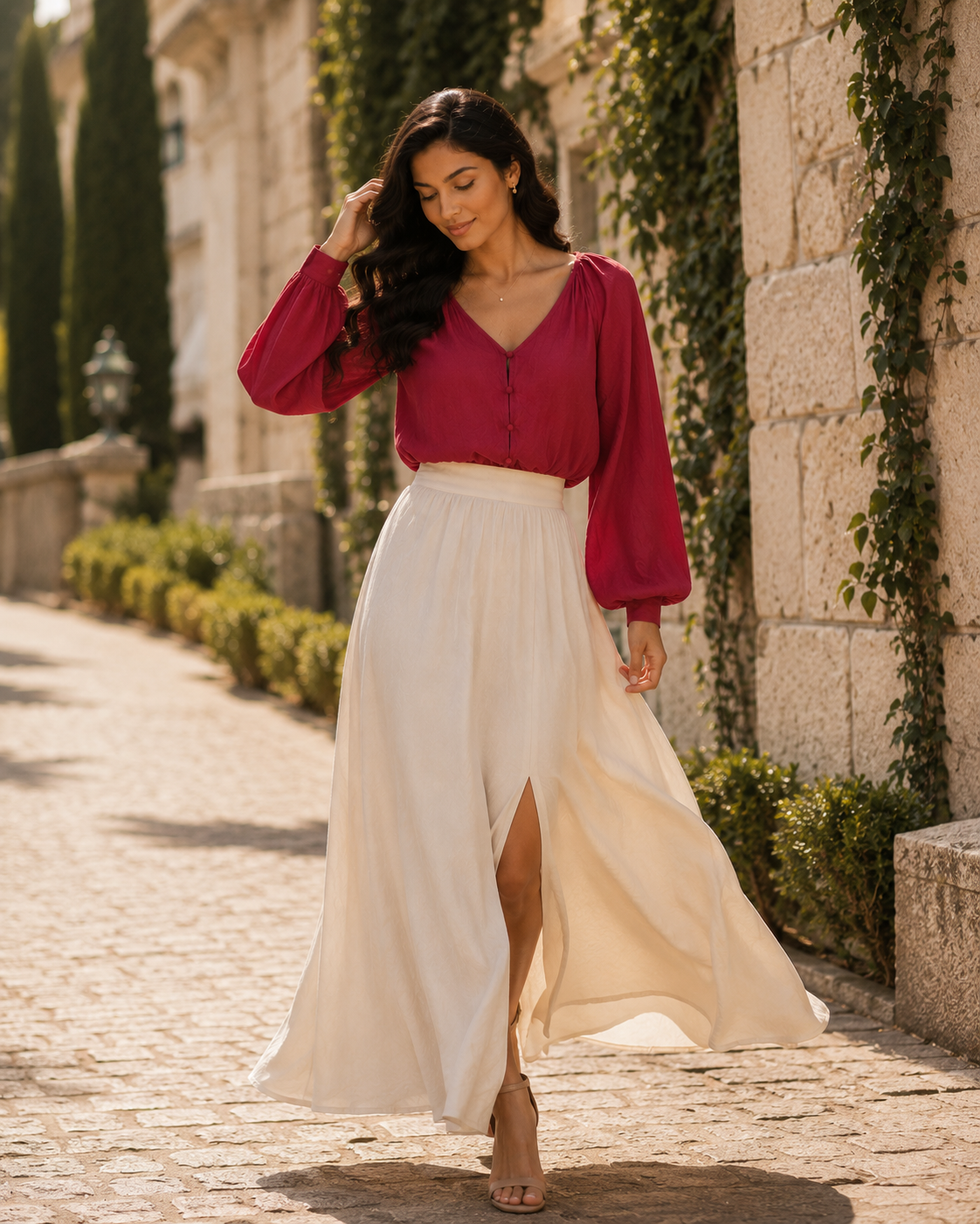 Red Button-Front Blouse