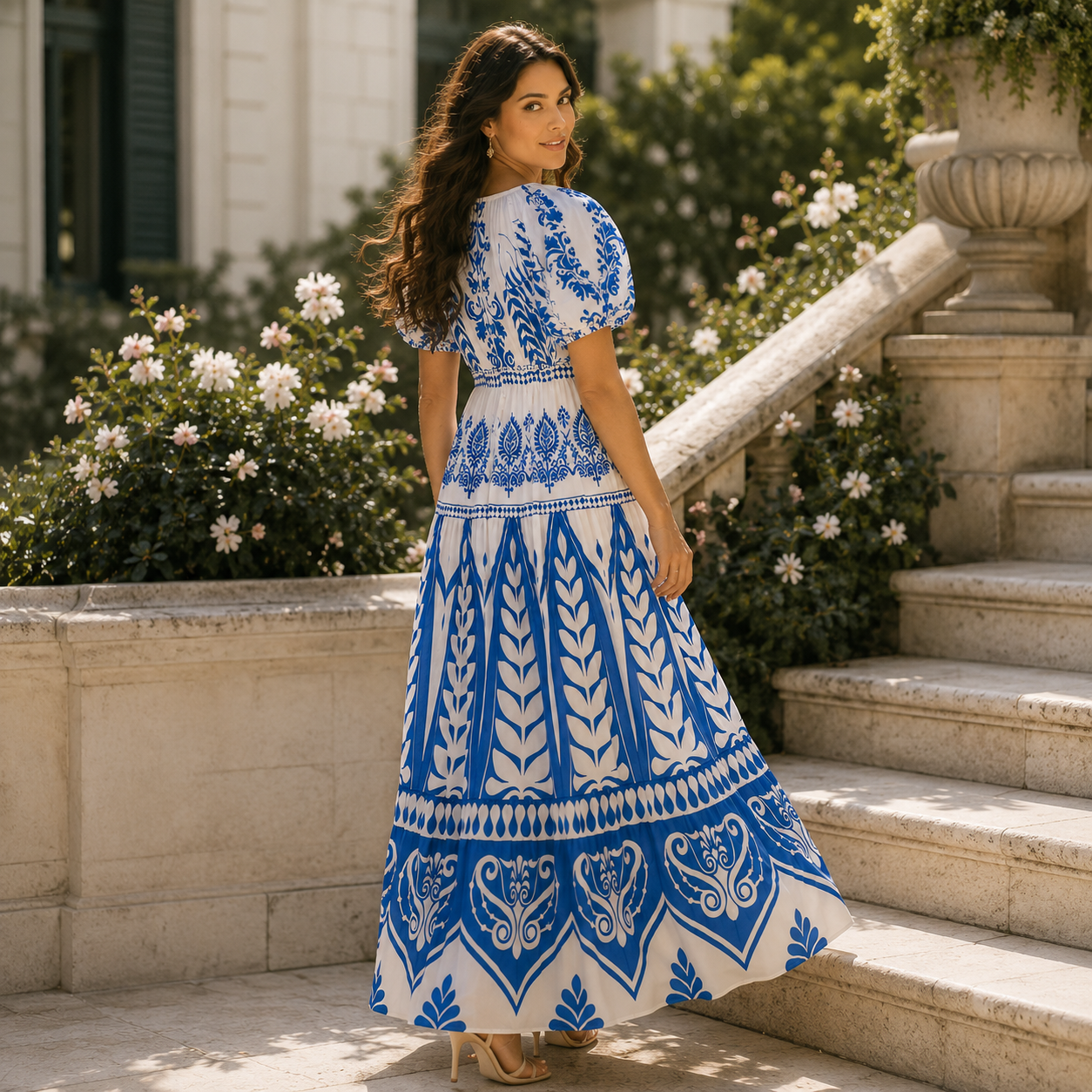 Blue & White Printed Midi Dress